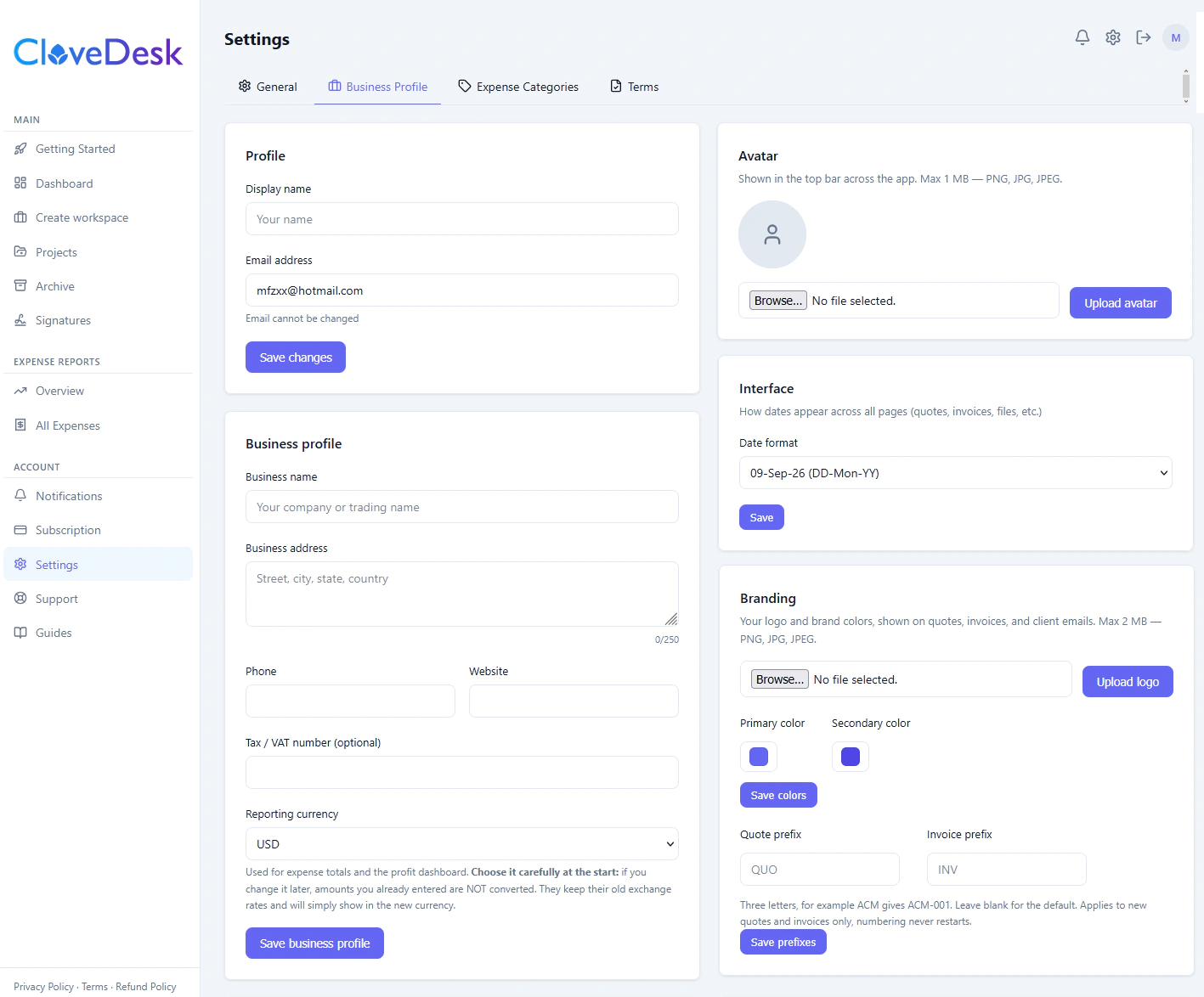 CloveDesk profile settings with business details, branding and reporting currency