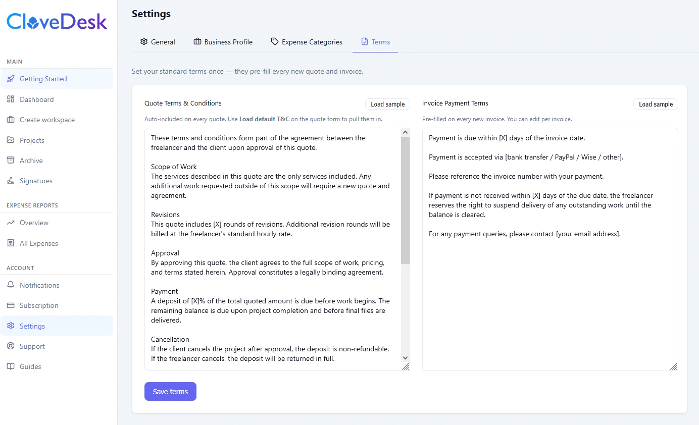 CloveDesk default terms and conditions settings with the Load Sample button
