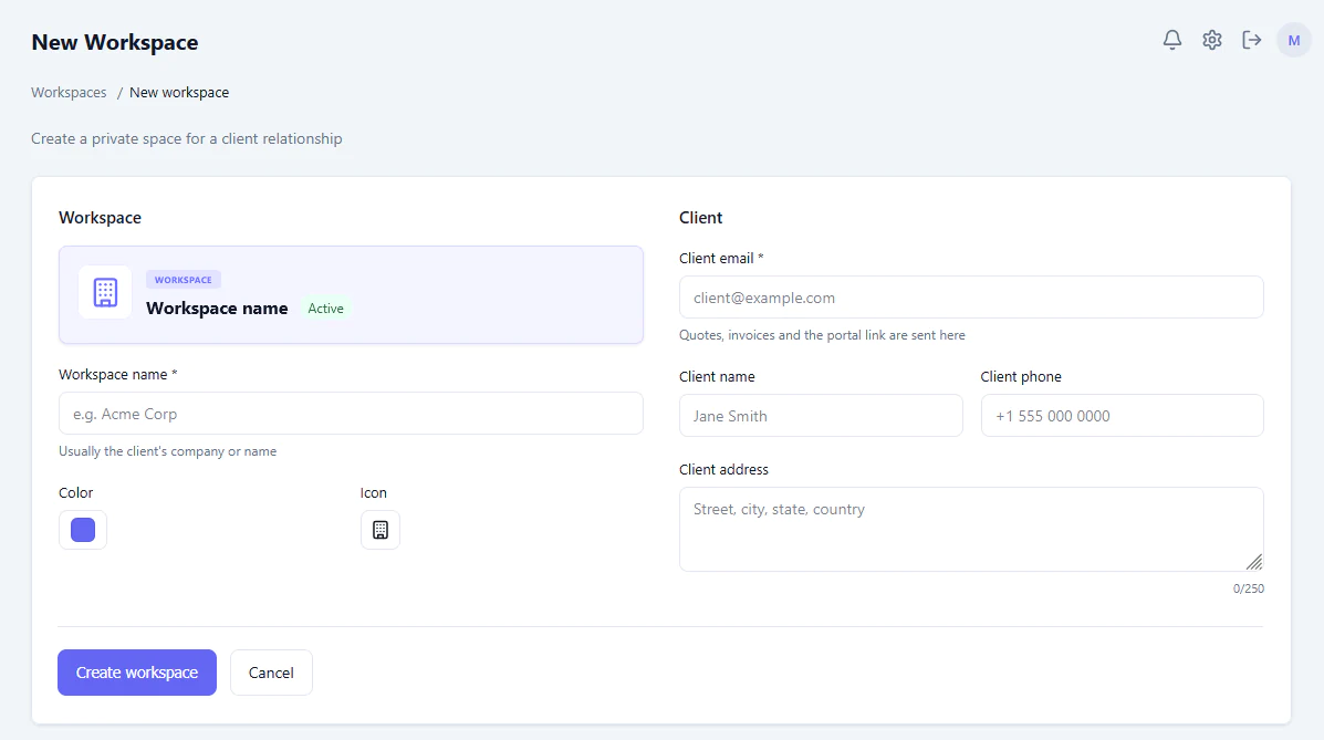 CloveDesk create workspace card with workspace name and color selection