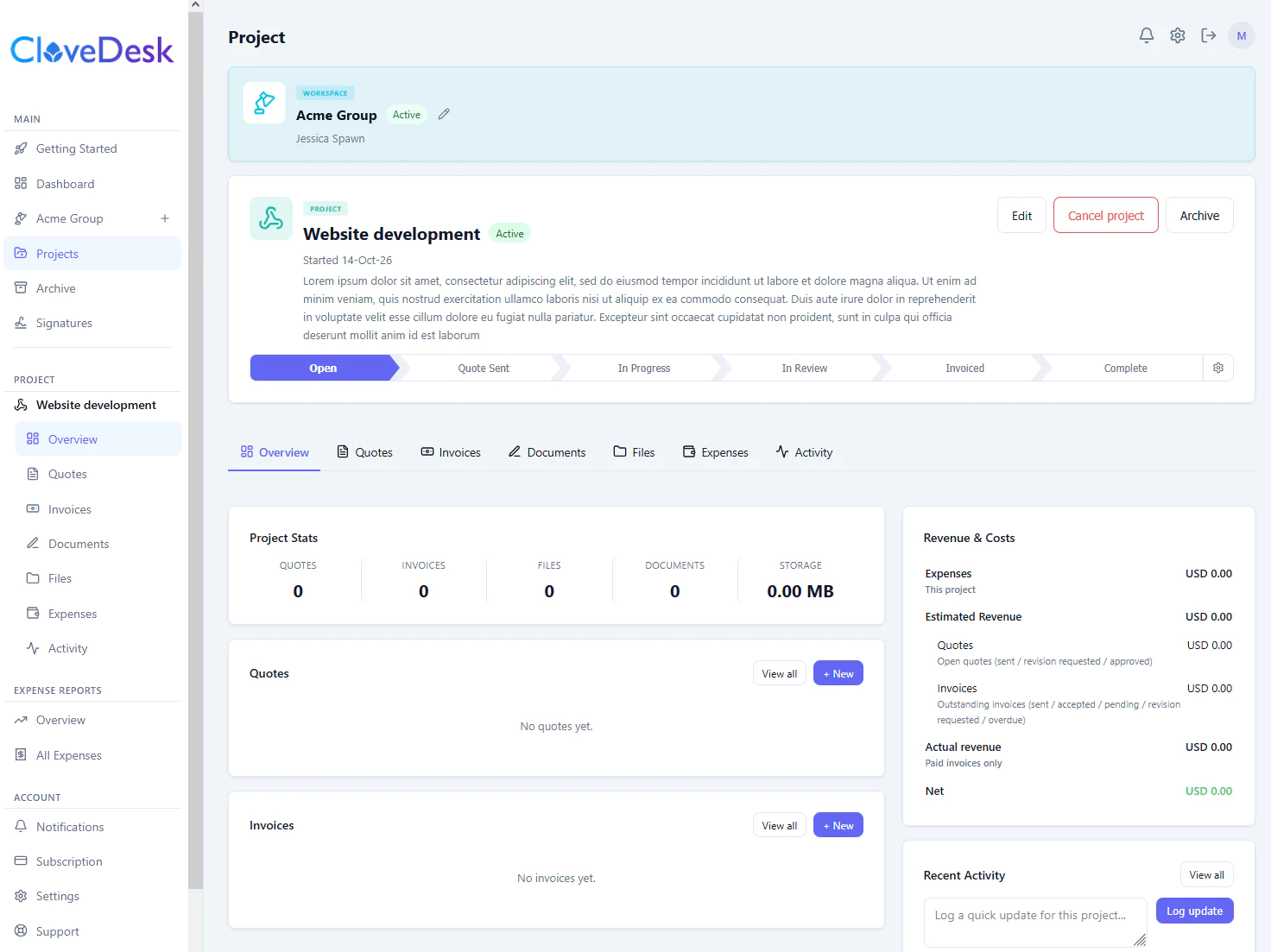 CloveDesk project overview showing stage, quotes, invoices, files and expenses
