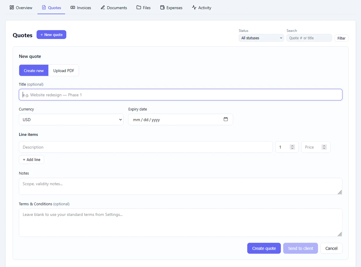 CloveDesk quote creation form with client details, items and terms