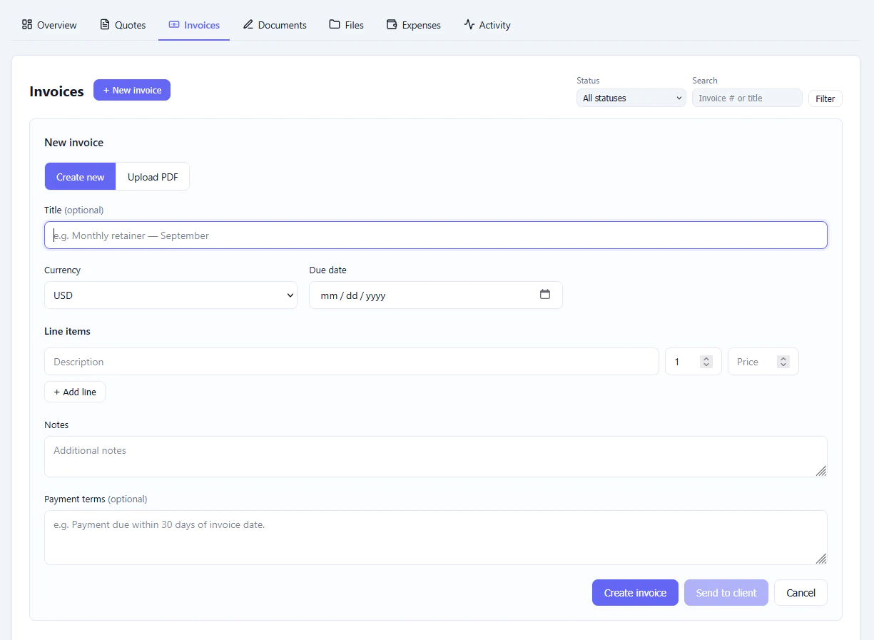 CloveDesk invoice created from an approved quote with expiry date and payment terms