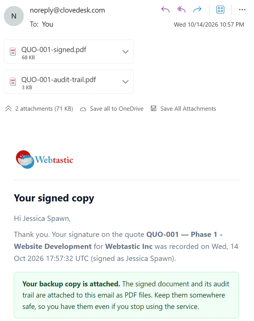 CloveDesk signed document receipt email with signed PDF and audit trail attached