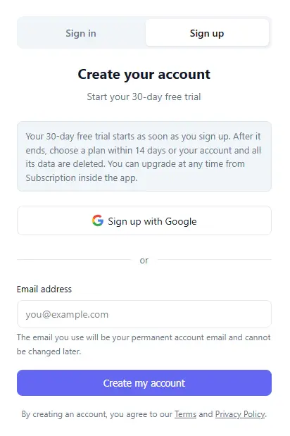 CloveDesk signup screen with email and Google sign-in options